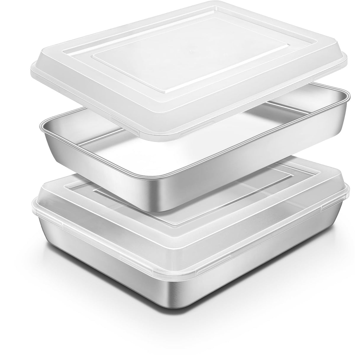 Stainless Steel Baking Pan with Lid, 12⅓ x 9¾ x 2 Inch Deep Rectangle Cake Pans with Cover for Cakes, Brownies, Cookies, Deep Side & Heavy Duty,Dishwasher & Fridge & Oven Safe(2 Pans + 2 Lids)