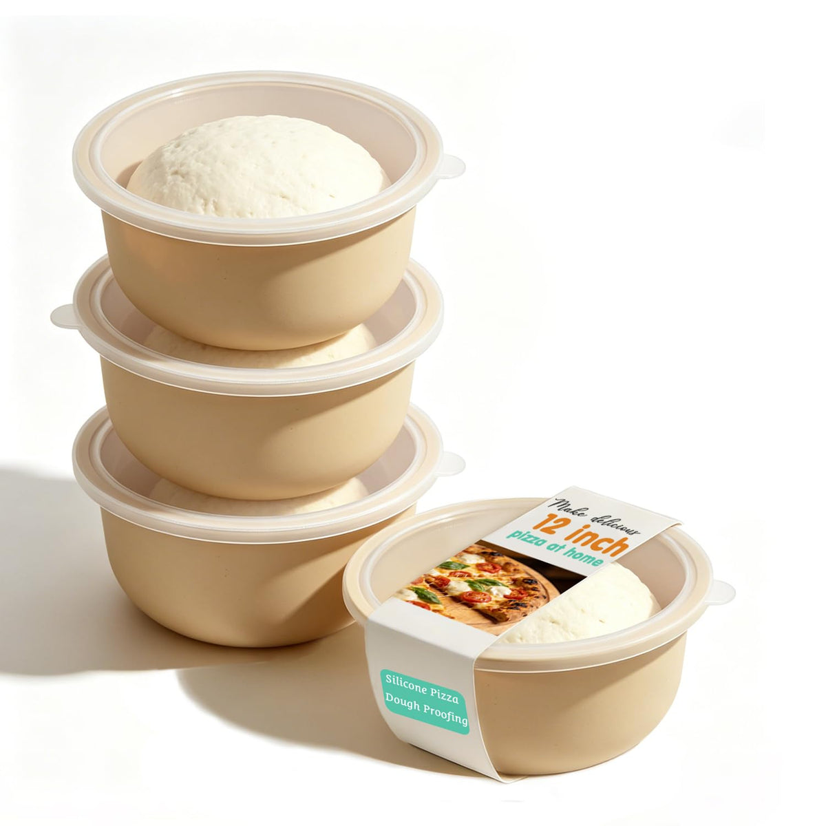 4Pcs Stackable Silicone Pizza Dough Proofing Containers with Lids,Pizza Dough Proofing Box | Make 12" Pizzas 700ml(4Pcs Beige)