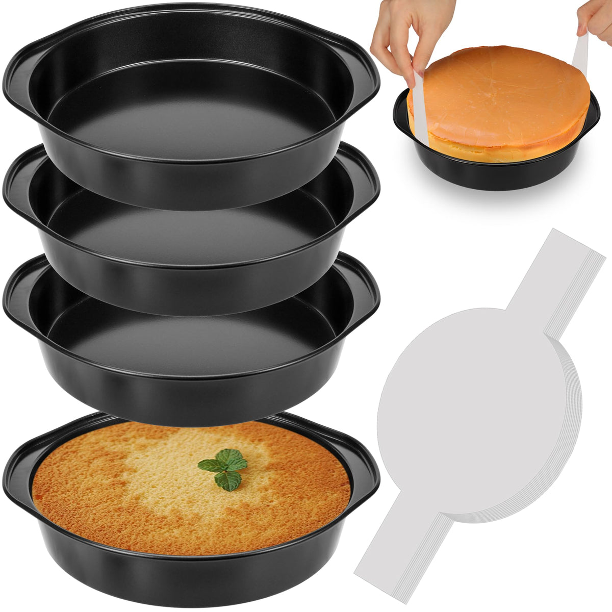 8 Inch Cake Pan, 3PCS Nonstick Baking Pans Set with 100PCS Parchment Paper