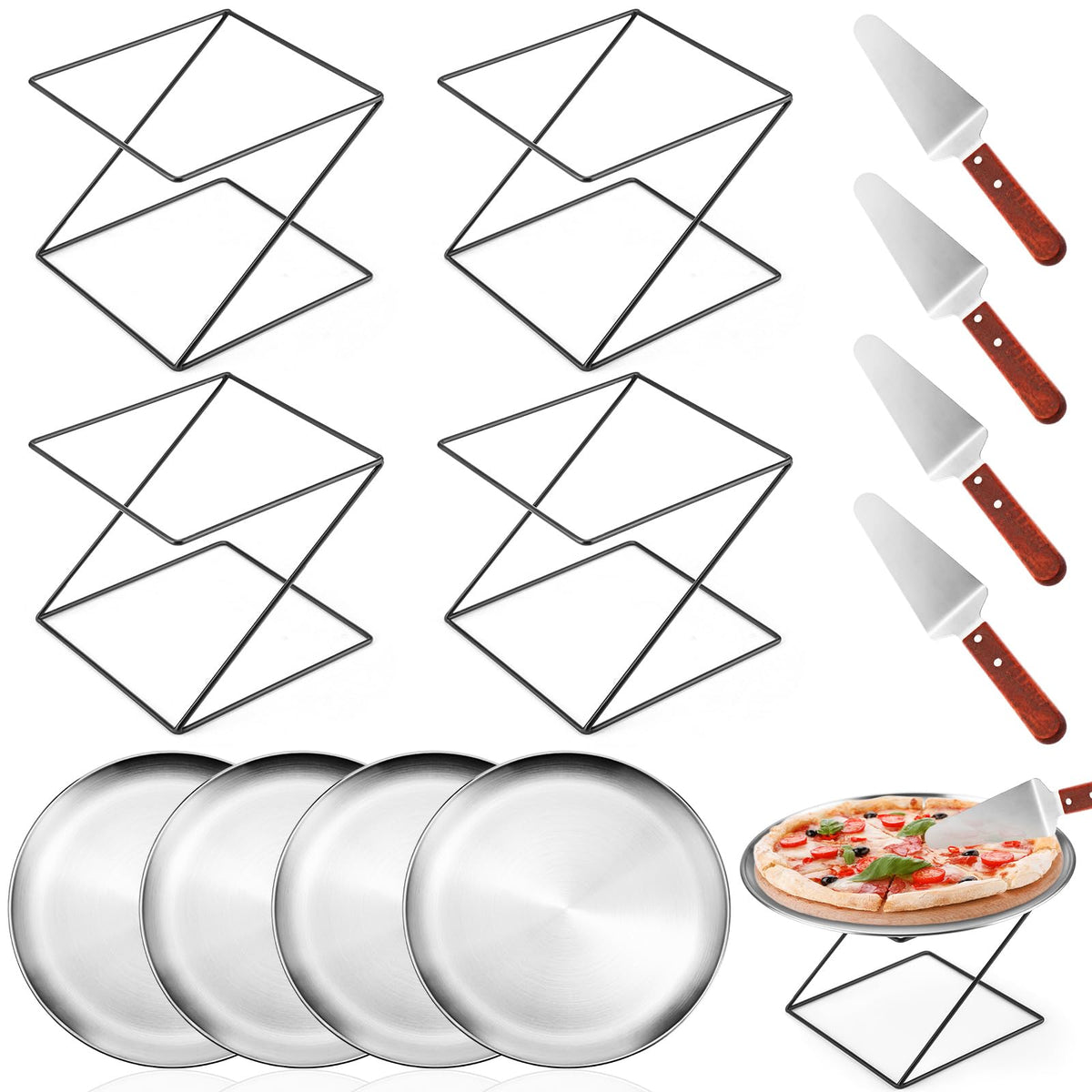 12 Pcs Pizza Pan Riser Stands Tray Set,Silver,Round