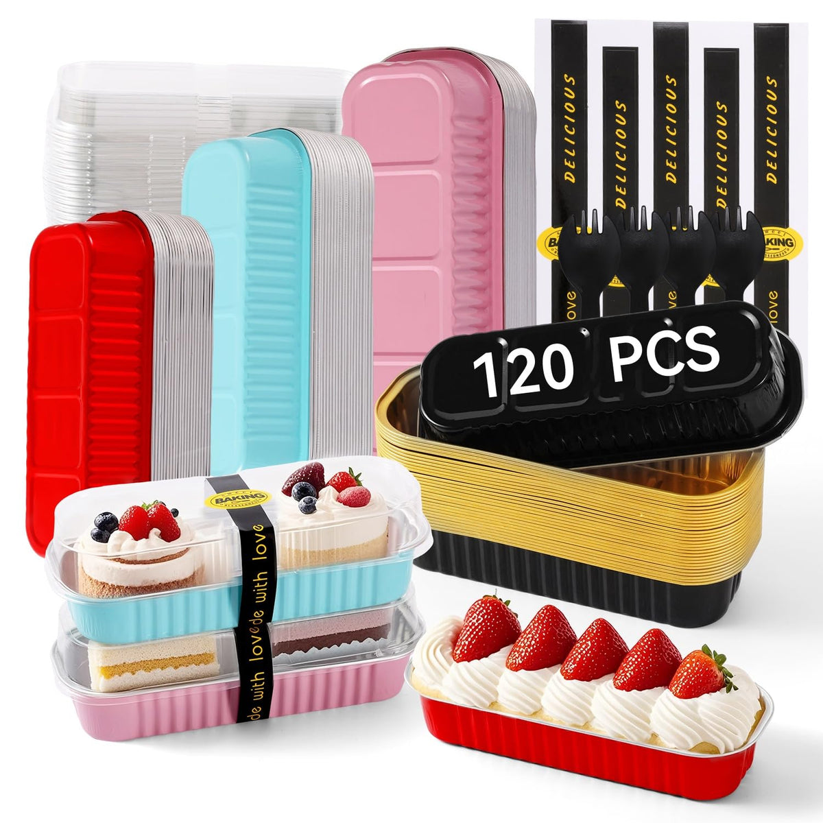 120 Pcs Mixed Color Mini Loaf Pans with Lids and Spoons, 6.8oz Aluminum Foil Baking Pans Versatile for Mini Cake Tins/Loaf Cakes Sturdy Mini Pans with Lids for Baking (120, mixed)