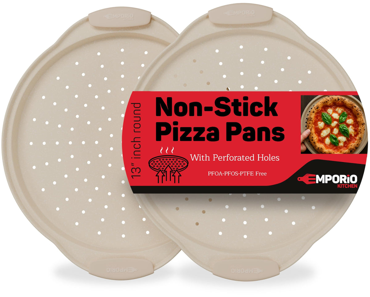 Non-Stick Pizza Pan with Silicone Handle 1 Pack, 13 Inch Round Carbon Steel Tray with Perforated Holes, Dishwasher & Oven Safe Up To 450°F, PFOAPFOSPTFE Free, Durable Nonstick Gray Marble Coating