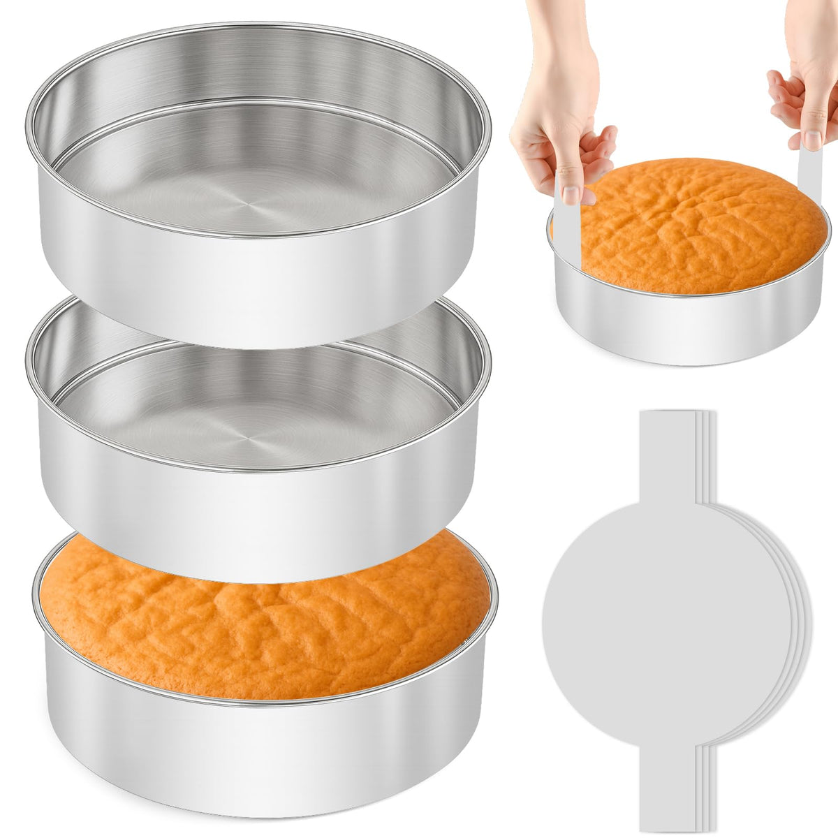 8 Inch Cake Pan - 3PCS Stainless Steel Round Layer Cake Baking Pans with 100 PCS Parchment Paper, Round Bakeware for Party Birthday Wedding, Mirror Finish & Dishwasher Safe
