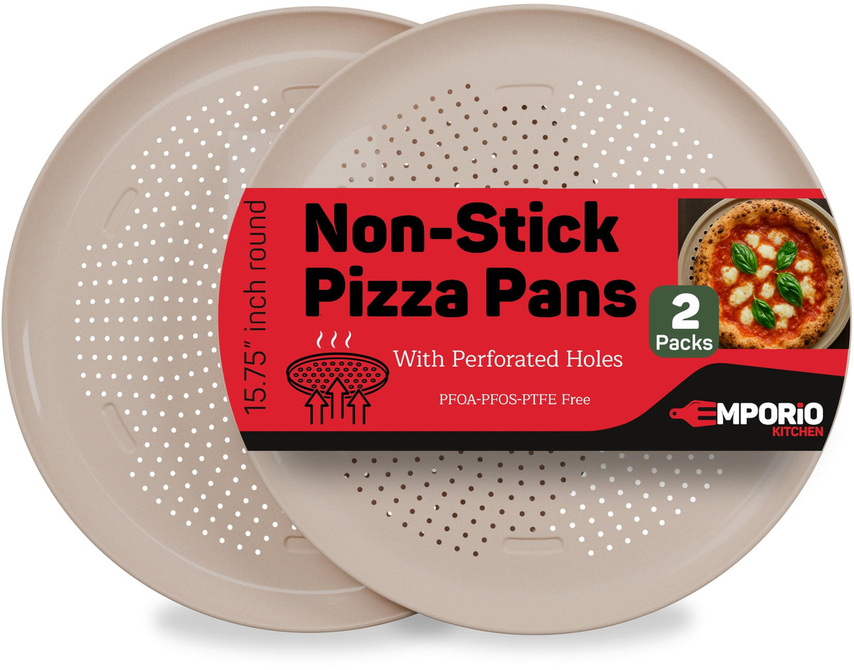 Emporio Kitchen Non-Stick Pizza Pan 1 Pack – 16 Inch Round Carbon Steel Pizza Tray with Perforated Holes, PFOAPFOSPTFE-Free, Dishwasher & Oven Safe Up To 450°F, Durable Nonstick Silver Coating