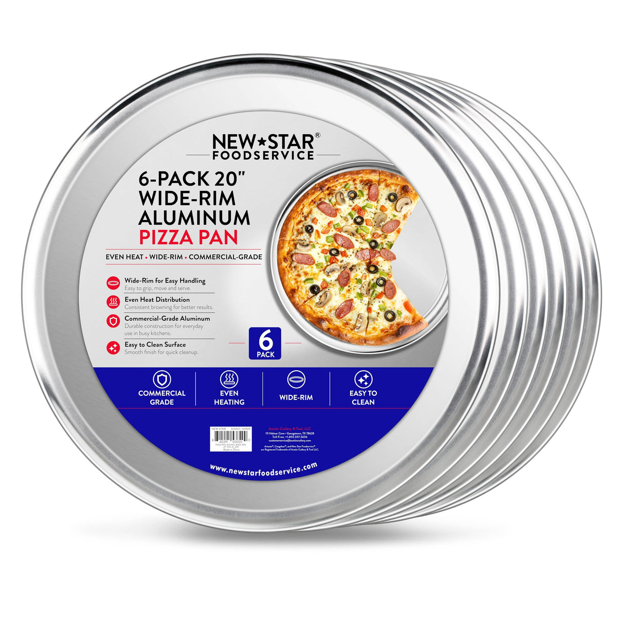 New Star Foodservice Restaurant-Grade Aluminum Pizza Pan/Tray with Wide Rim, 16 Inch, Pack of 6