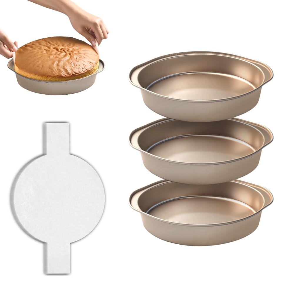 8 Inch Cake Pans, 3PCS Nonstick Round Baking Pans with 50PCS Parchment Papers, Durable Birthday Circle Cake Baking Pan with Handle for Multi-Layer Cakes, Dishwasher Safe (Gold, 8 inch)