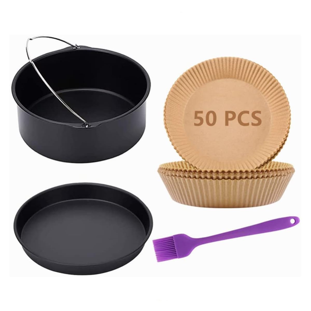 Air Fryer Accessories,7 inch Cake Barrel,Pizza Pan,50 Pcs Baking Paper and Silicone Brush for Ninja Gowise Cosori Phillips Cozyna Gourmia Zeny,