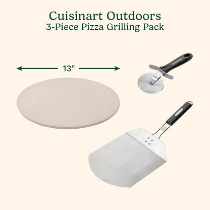 Cuisinart 3 Piece Pizza Grilling Pack, 13” Round Pizza Stone for Grill with Cutter and Foldable Stainless Steel Peel, Complete Set to Build Your Own Pizzas at Home
