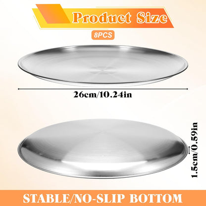 8 Pieces 10 Inch Pizza Pan Bulk Stainless Steel Pizza Tray Round Pizzas Oven Baking Pans Tray for Oven Baking Home Kitchen Restaurant, Dishwasher Safe & Easy Clean, Silver