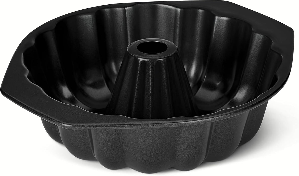 Amazon Basics Nonstick Bundt Cake Pan, Fluted Tube Design, Carbon Steel, Side Handles, Dishwasher and Oven-Safe, 10 Inch, Black
