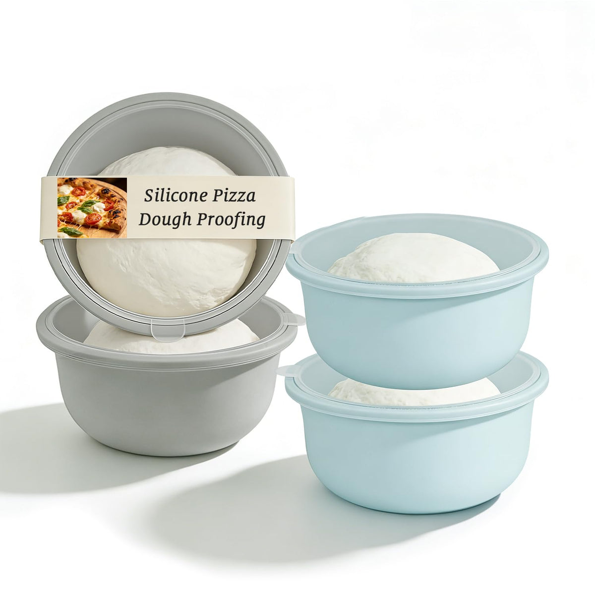 4Pcs Stackable Silicone Pizza Dough Proofing Containers with Lids,Pizza Dough Proofing Box | Make 12" Pizzas 700ml(4Pcs Beige)