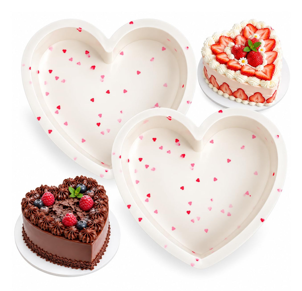 CAKETIME 3P 10 Inch Silicone Heart Shaped Cake Pans, Nonstick Cake Pan, BPA Free Silicone Heart Cake Baking Mold for Oven Dishwasher Safe-Heartdot