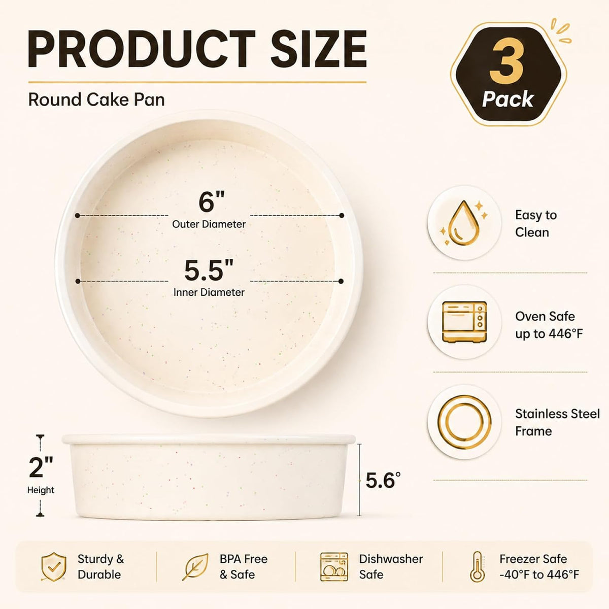 Vinino 6 Inch Round Cake Pan Set, 3 Pack Silicone Mold with Metal Frame