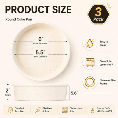 Vinino 6 Inch Round Cake Pan Set, 3 Pack Silicone Mold with Metal Frame