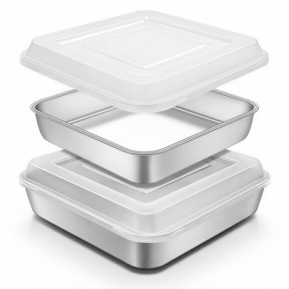 Stainless Steel Baking Pan with Lid, 12⅓ x 9¾ x 2 Inch Deep Rectangle Cake Pans with Cover for Cakes, Brownies, Cookies, Deep Side & Heavy Duty,Dishwasher & Fridge & Oven Safe(2 Pans + 2 Lids)
