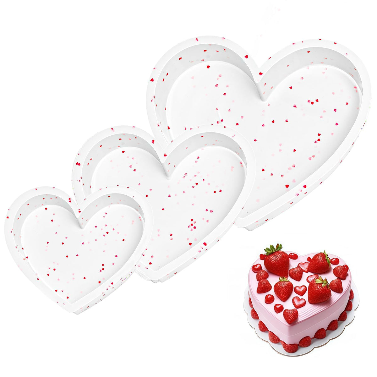 CAKETIME 3P 10 Inch Silicone Heart Shaped Cake Pans, Nonstick Cake Pan, BPA Free Silicone Heart Cake Baking Mold for Oven Dishwasher Safe-Heartdot