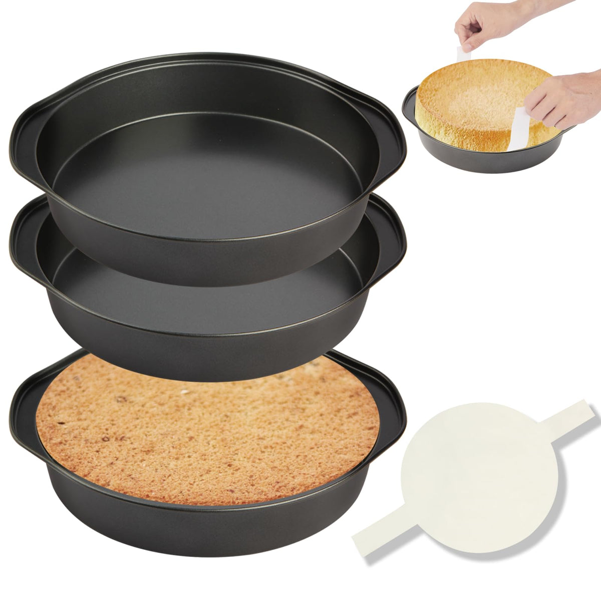8" Round Cake Pan, 3PCS Nonstick Cake Pans with 100 PCS Parchment Paper, Carbon Steel Cake Baking Pans with Handle, Dishwasher Safe
