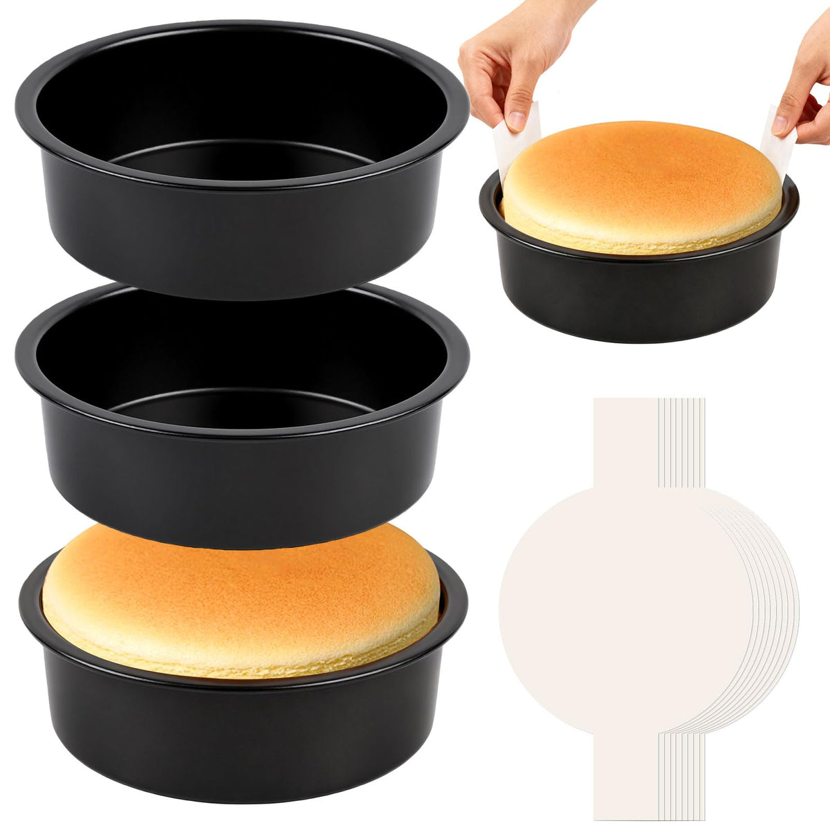 8" Round Cake Pan, 3PCS Nonstick Cake Pans with 100 PCS Parchment Paper, Carbon Steel Cake Baking Pans with Handle, Dishwasher Safe