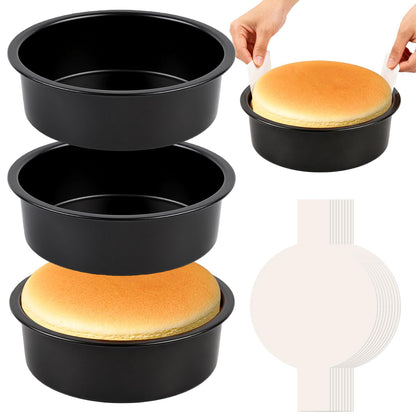 8" Round Cake Pan, 3PCS Nonstick Cake Pans with 100 PCS Parchment Paper, Carbon Steel Cake Baking Pans with Handle, Dishwasher Safe