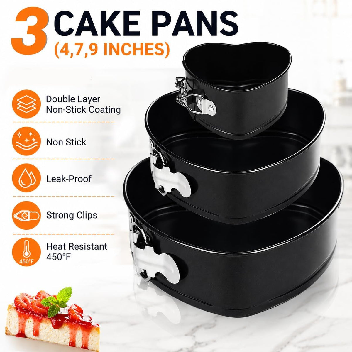 4" 7" 9" Springform Pan Set of 3, Non-Stick Heart Shaped Cake Pans, Leakproof Cheesecake Pans with Removable Bottom & Quick Release Latch for Baking, Birthday & Wedding