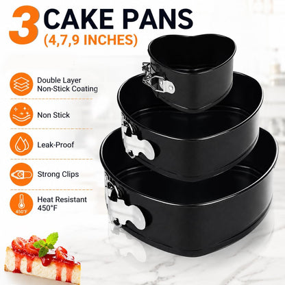4" 7" 9" Springform Pan Set of 3, Non-Stick Heart Shaped Cake Pans, Leakproof Cheesecake Pans with Removable Bottom & Quick Release Latch for Baking, Birthday & Wedding
