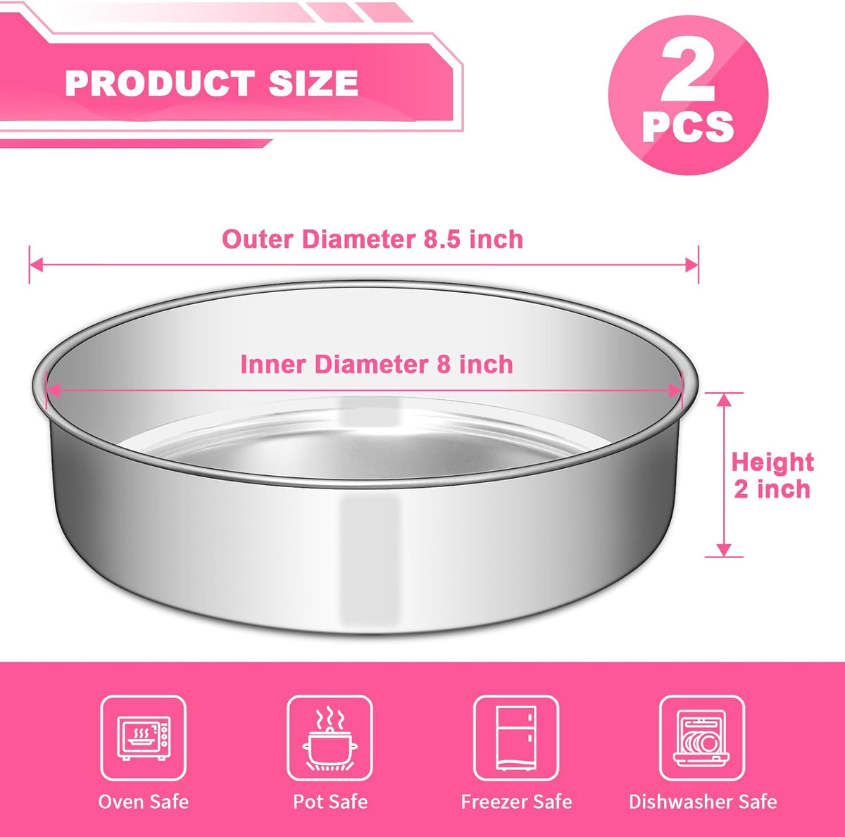 EWFEN 8 Inch Cake Pan Set of 2, Stainless Steel Round Layer Cake Baking Pans Tins, Non-Toxic & Healthy, Leak-proof & Easy Clean & Dishwasher Safe