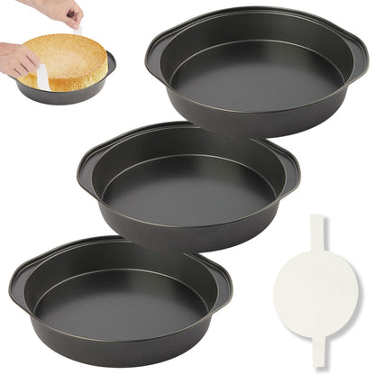 8" Round Cake Pan, 3PCS Nonstick Cake Pans with 100 PCS Parchment Paper, Carbon Steel Cake Baking Pans with Handle, Dishwasher Safe