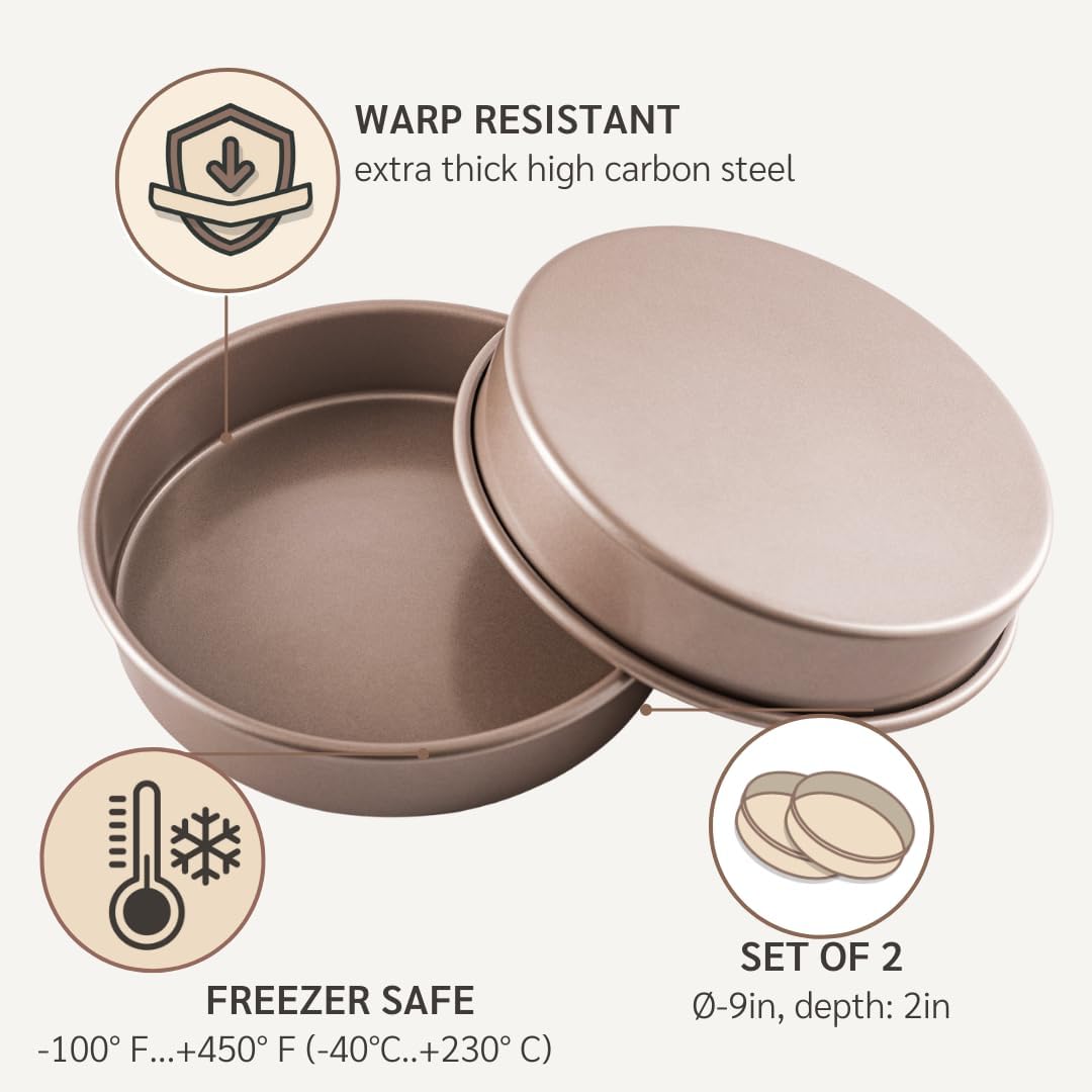 HAPPIELS 9 inch Raund Cake Pan 2 Pack Nonstick, PFOA & BPA Free