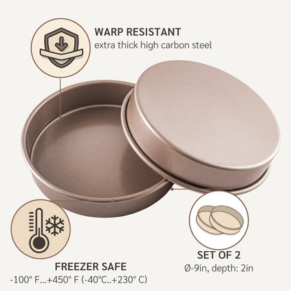 HAPPIELS 9 inch Raund Cake Pan 2 Pack Nonstick, PFOA & BPA Free