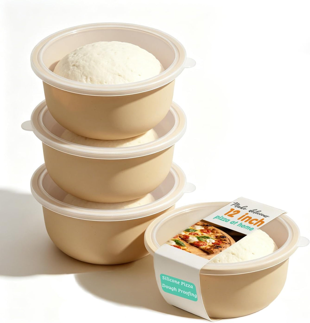 4Pcs Stackable Silicone Pizza Dough Proofing Containers with Lids,Pizza Dough Proofing Box | Make 12" Pizzas 700ml(4Pcs Beige)