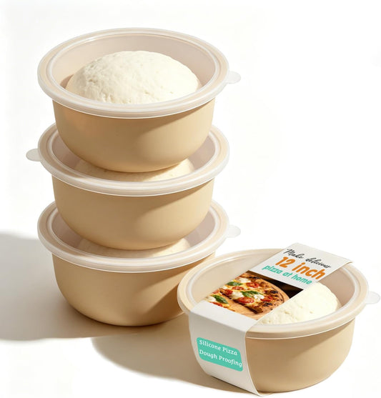4Pcs Stackable Silicone Pizza Dough Proofing Containers with Lids,Pizza Dough Proofing Box | Make 12" Pizzas 700ml(4Pcs Beige)