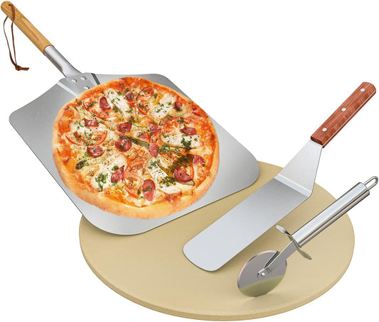 Onlyfire 4 pcs Pizza Stone & Peel Set, Pizza Making Kit for Oven Grill BBQ