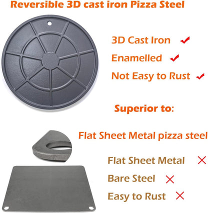XL Round Pizza Steel 16.9" - 3D Cast Creates Gorgeous Crusts, Enamelled Cast Iron Baking Stone For Oven, Round Griddle, Speed & Even Heating Baking Steel Griddle