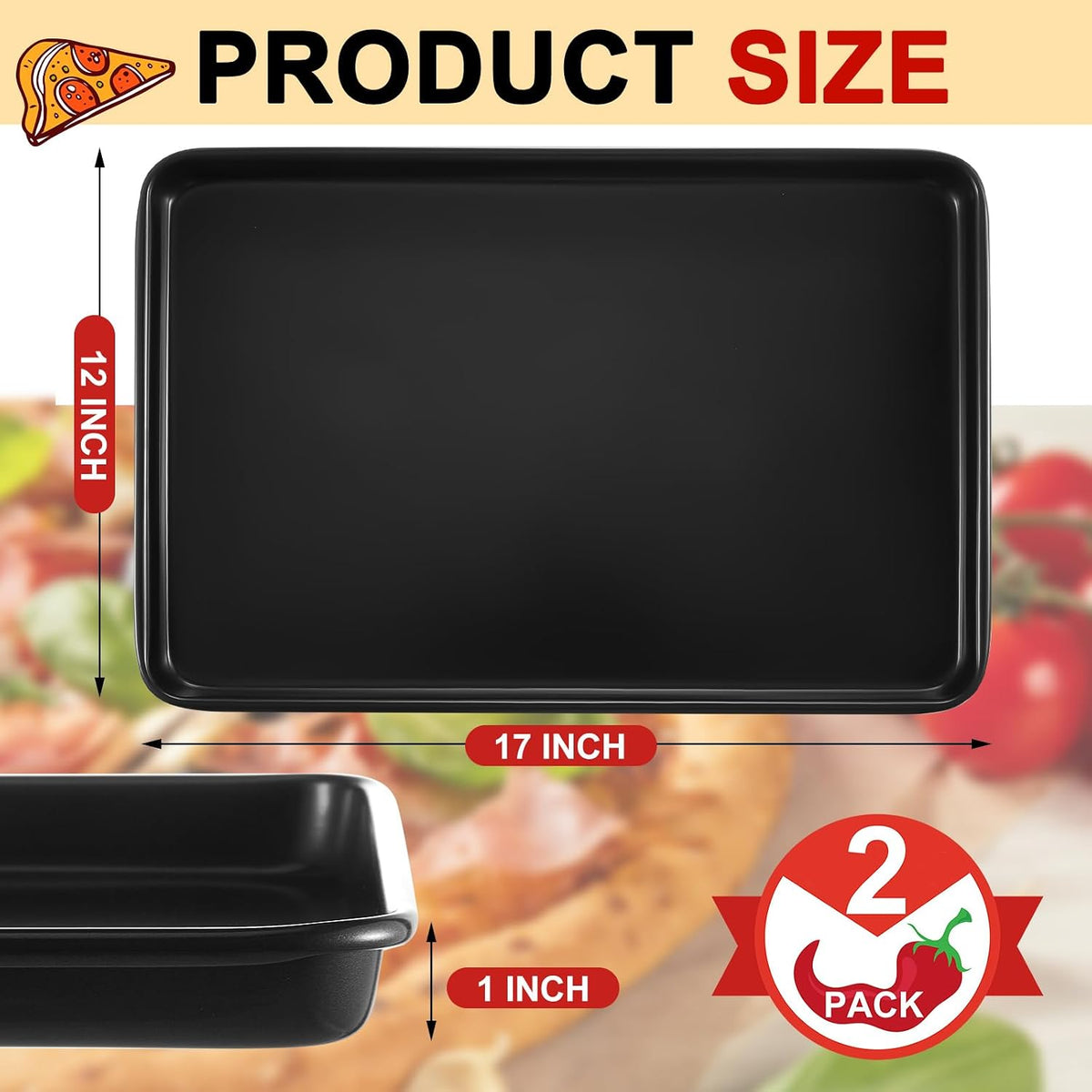 2 Pcs Rectangle Pizza Pan Carbon Steel Nonstick, Black, Black, 17 Inch