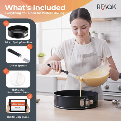 RFAQK 9 Inch Springform Pan Nonstick Leakproof - Spring Form Pan for Cheesecake with Removable Bottom, Include Spatula & 50pcs Parchment Paper, Recipe E-Book - Ideal for Baking Cakes, Pizzas, & More!