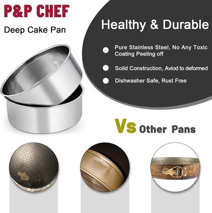 P&P CHEF 8 Inch Cake Pans Set, 2Pcs Stainless Steel Round Baking Pan