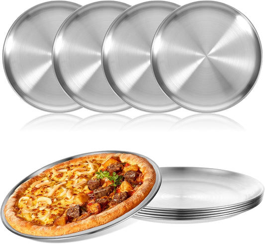 8 Pieces 10 Inch Pizza Pan Bulk Stainless Steel Pizza Tray Round Pizzas Oven Baking Pans Tray for Oven Baking Home Kitchen Restaurant, Dishwasher Safe & Easy Clean, Silver