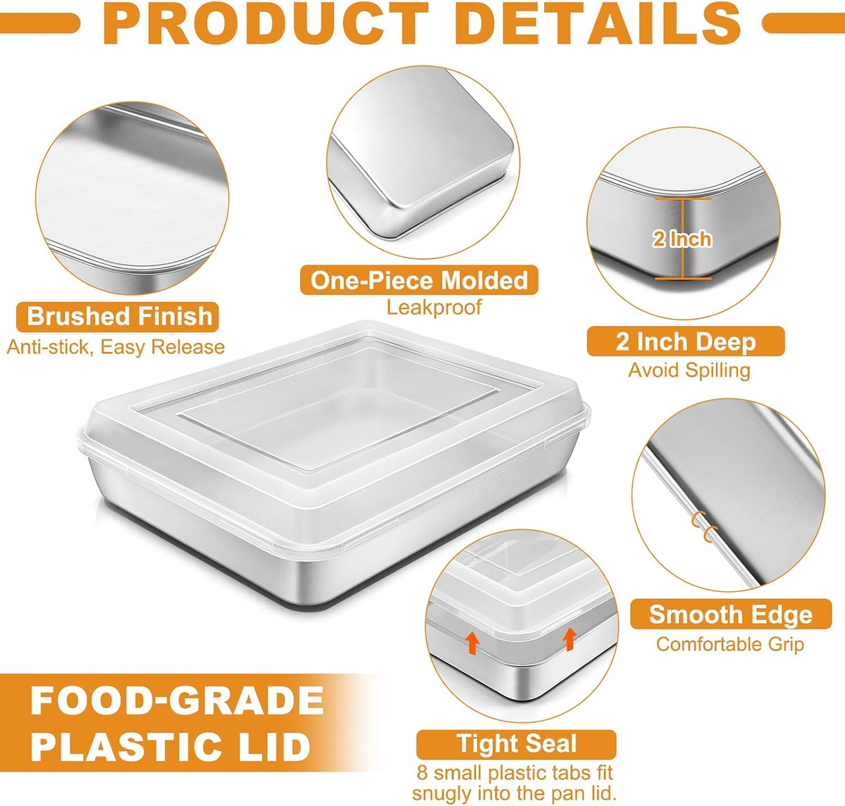 Stainless Steel Baking Pan with Lid, 12⅓ x 9¾ x 2 Inch Deep Rectangle Cake Pans with Cover for Cakes, Brownies, Cookies, Deep Side & Heavy Duty,Dishwasher & Fridge & Oven Safe(2 Pans + 2 Lids)