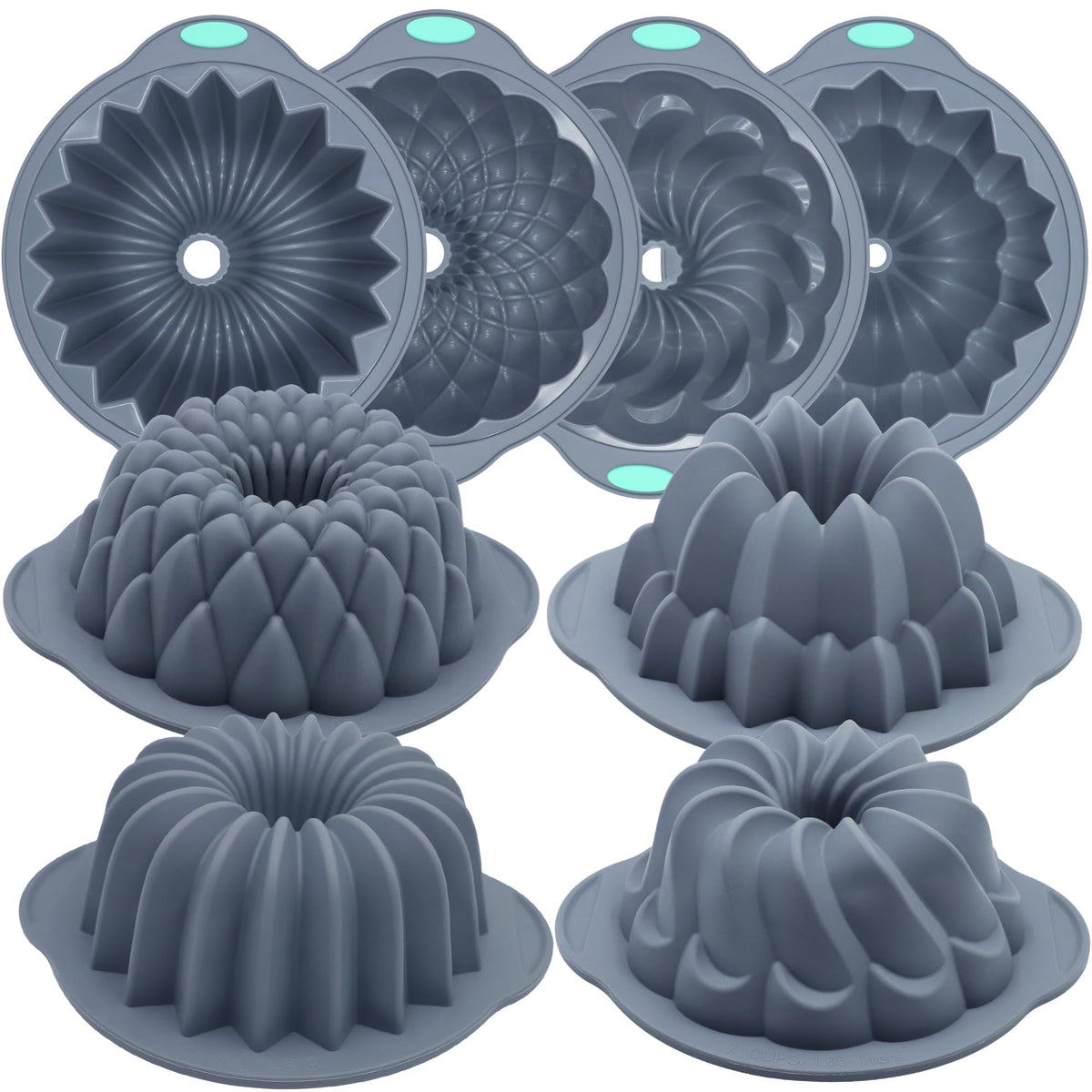 Tongjude 4 Pieces Silicone Fluted Cake Pans, 9/10/12 Cups Tube Baking Pan, Silicone Molds for Homemade Cake, Bread and Jello, Non-Stick, Grey