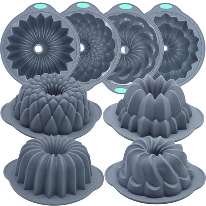 Tongjude 4 Pieces Silicone Fluted Cake Pans, 9/10/12 Cups Tube Baking Pan, Silicone Molds for Homemade Cake, Bread and Jello, Non-Stick, Grey