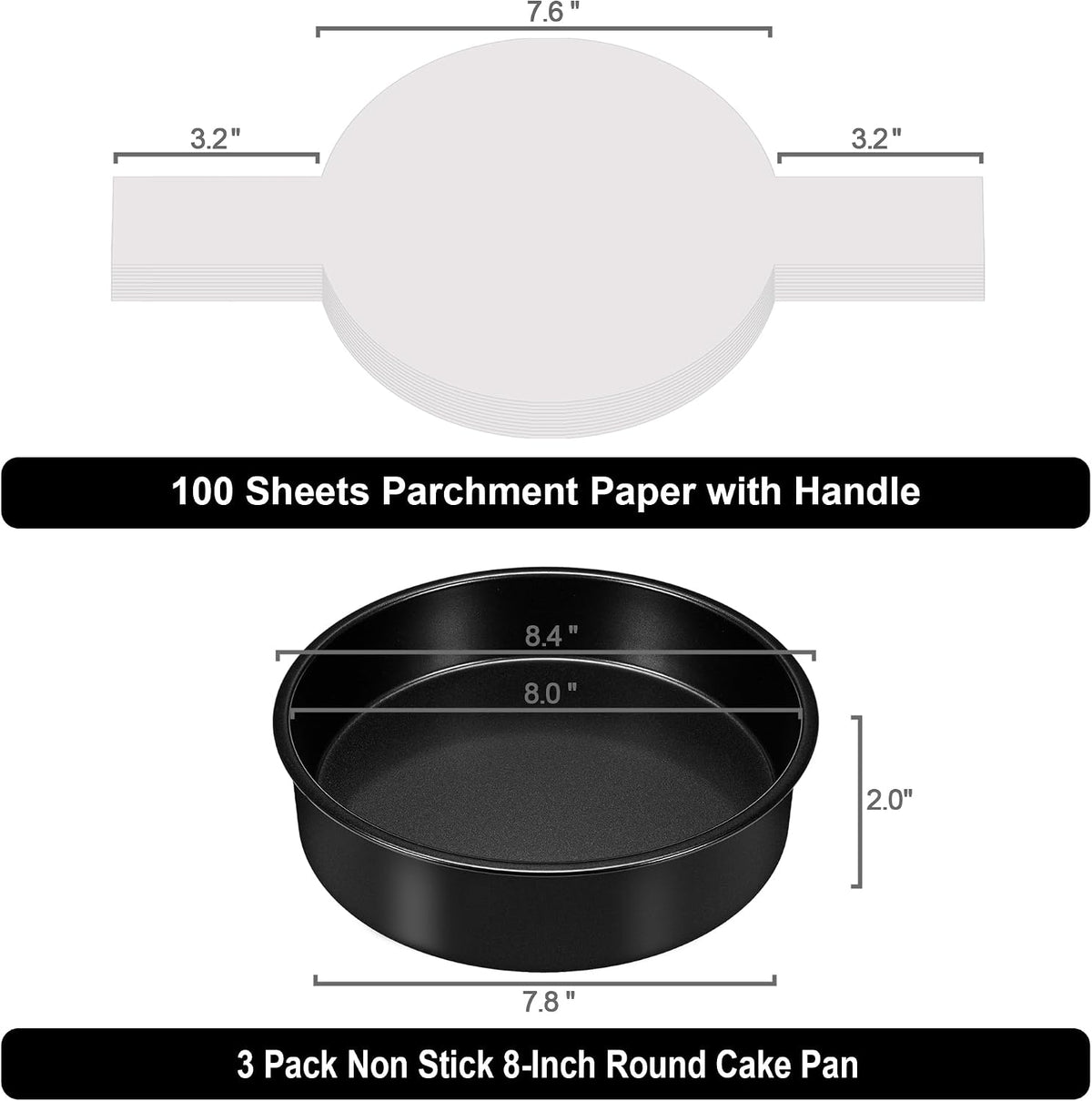 8 Inch Cake Pan, 3PCS Nonstick Baking Pans Set with 100PCS Parchment Paper