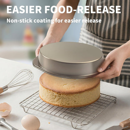 8 Inch Cake Pans, 3PCS Nonstick Round Baking Pans with 50PCS Parchment Papers, Durable Birthday Circle Cake Baking Pan with Handle for Multi-Layer Cakes, Dishwasher Safe (Gold, 8 inch)