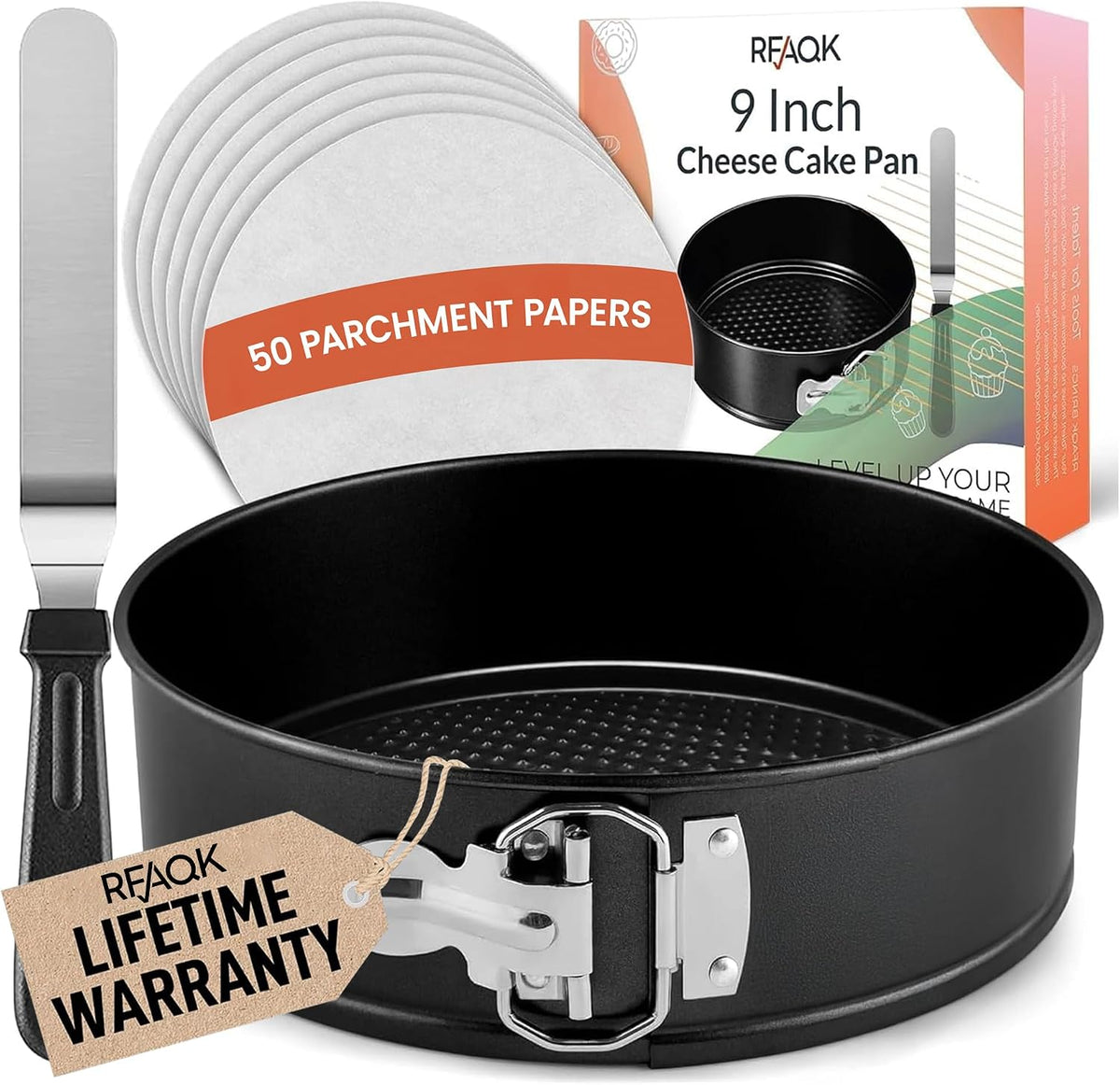 RFAQK 9 Inch Springform Pan Nonstick Leakproof - Spring Form Pan for Cheesecake with Removable Bottom, Include Spatula & 50pcs Parchment Paper, Recipe E-Book - Ideal for Baking Cakes, Pizzas, & More!