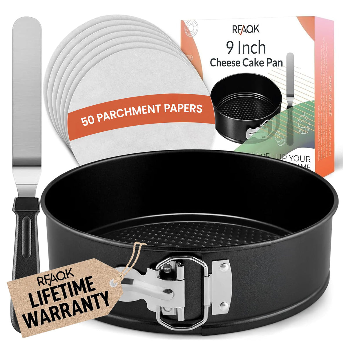 RFAQK 9 Inch Springform Pan Nonstick Leakproof - Spring Form Pan for Cheesecake with Removable Bottom, Include Spatula & 50pcs Parchment Paper, Recipe E-Book - Ideal for Baking Cakes, Pizzas, & More!