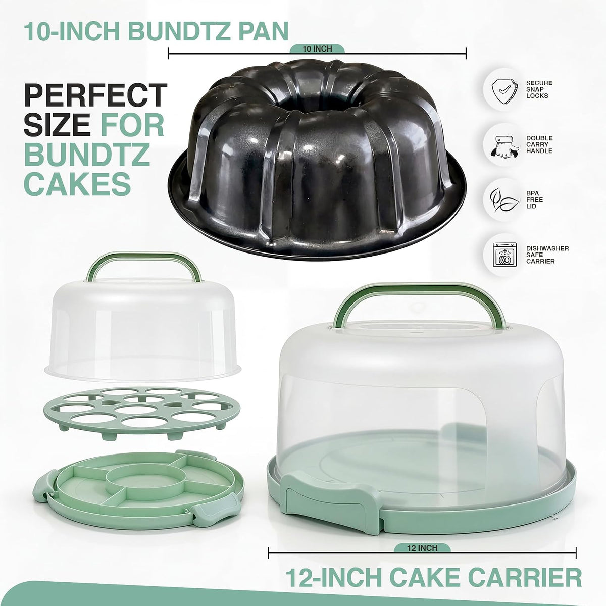 10in Buntz Cake Pan Non Stick & 12in Cake Carrier w/Lid-Handle,Mint Green