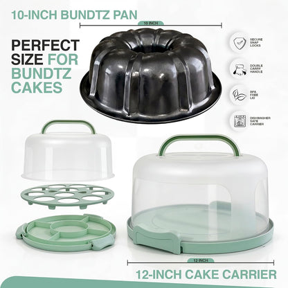 10in Buntz Cake Pan Non Stick & 12in Cake Carrier w/Lid-Handle,Mint Green