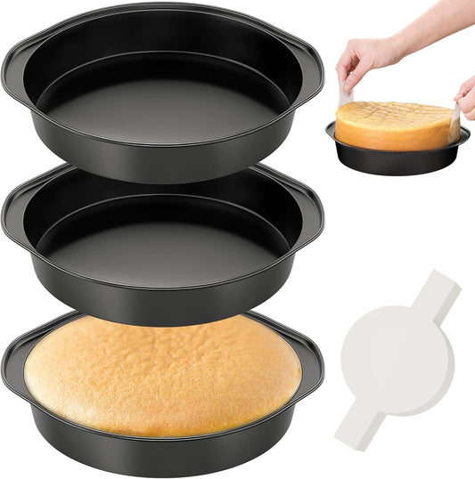 6 Inch Round Cake Pan with Handle, 3PCS Nonstick Cake Pans with 100 PCS Parchment Paper