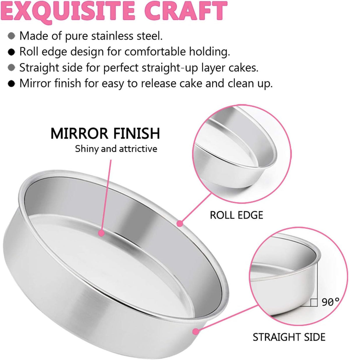 E-far 6 Inch Cake Pan Set of 3, Stainless Steel Round Smash Cake Baking Pans Tins, Non-Toxic & Healthy, Mirror Finish & Dishwasher Safe