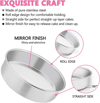E-far 6 Inch Cake Pan Set of 3, Stainless Steel Round Smash Cake Baking Pans Tins, Non-Toxic & Healthy, Mirror Finish & Dishwasher Safe