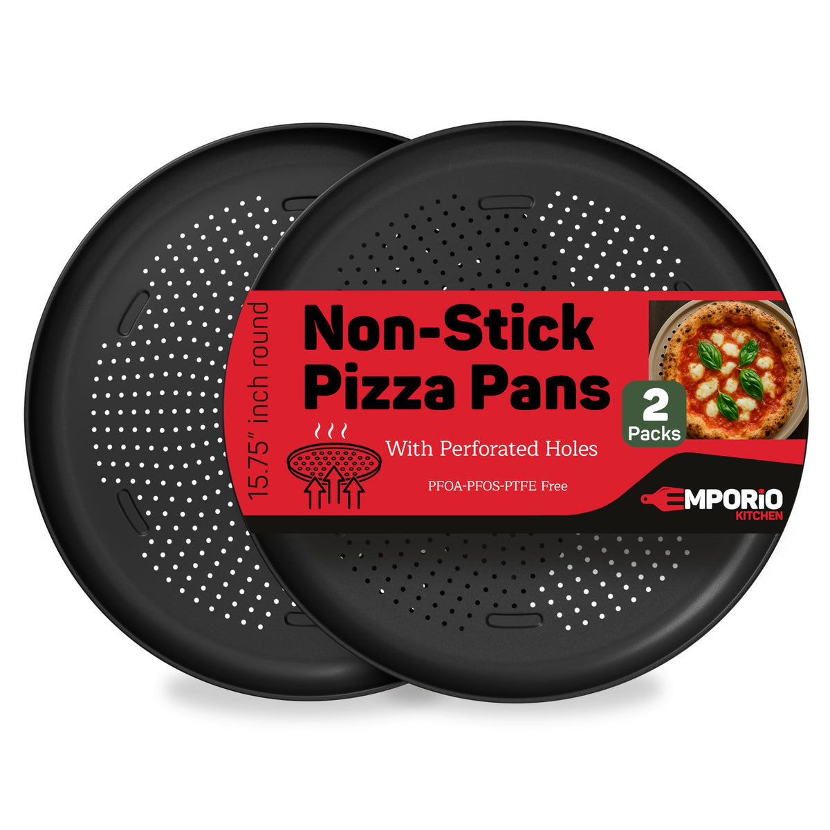 Emporio Kitchen Non-Stick Pizza Pan 1 Pack – 16 Inch Round Carbon Steel Pizza Tray with Perforated Holes, PFOAPFOSPTFE-Free, Dishwasher & Oven Safe Up To 450°F, Durable Nonstick Silver Coating